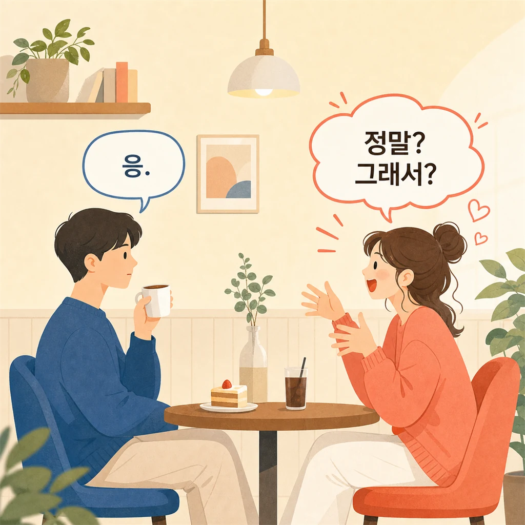 카페에서 서로 다른 말투로 대화하는 두 사람