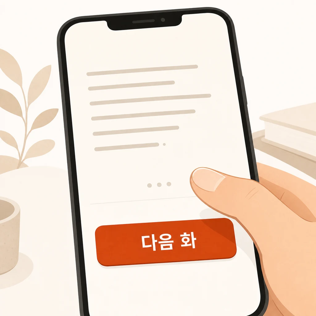 스마트폰 화면 속 '다음 화' 버튼 위에 멈춘 엄지손가락