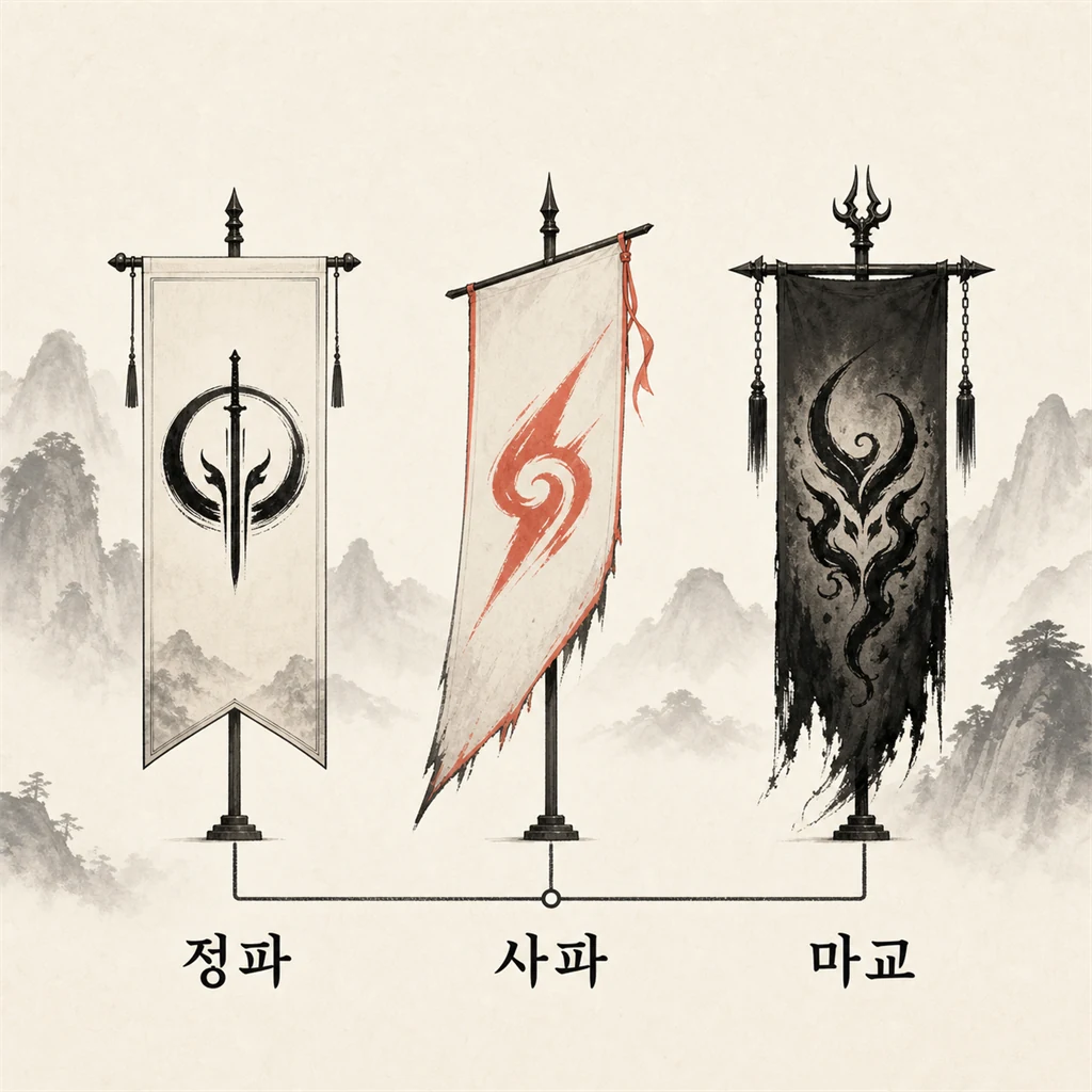 정파 사파 마교 세 세력의 깃발과 세력도