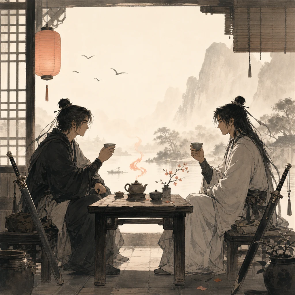 강호의 객잔에서 마주 앉은 두 무림인