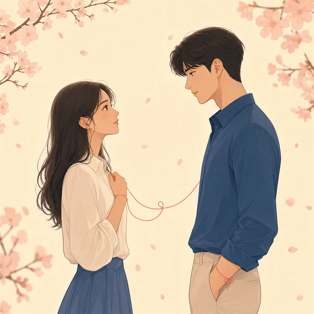 벚꽃 배경에서 붉은 실로 이어진 로맨스 주인공