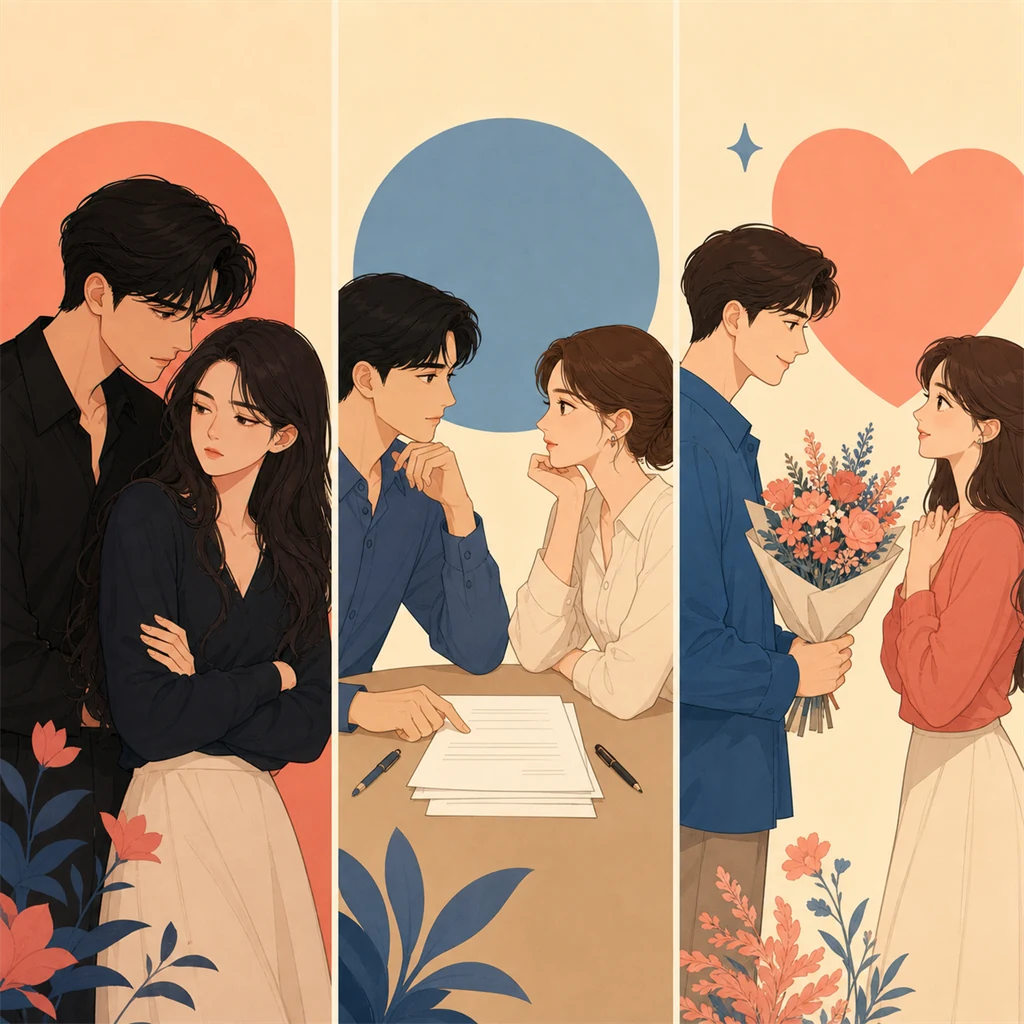 집착물 계약 연애 직진물 분위기를 보여주는 세 커플